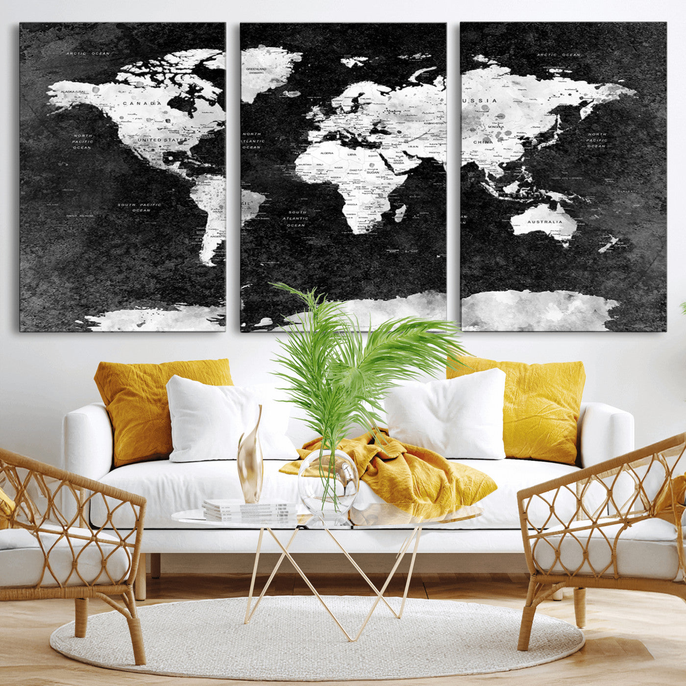 MGV-CV-60X30-3P - Push Pin World Map Canvas Print – Framed Wall Art for Couples to Track Their Travels – Anniversary