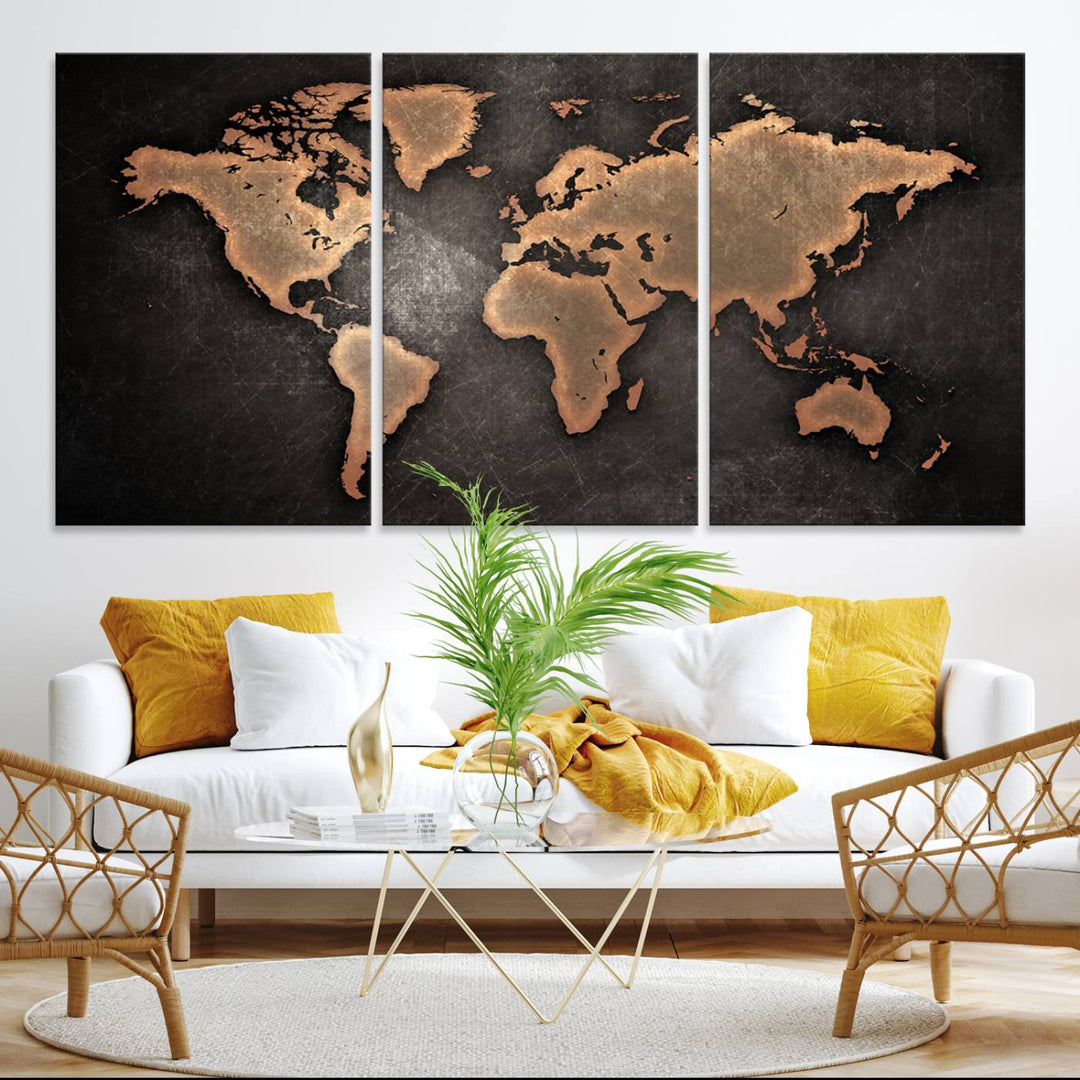 Maroon World Map Wall Art: Copper continents on a grunge-stained canvas, ideal for enhancing your decor.