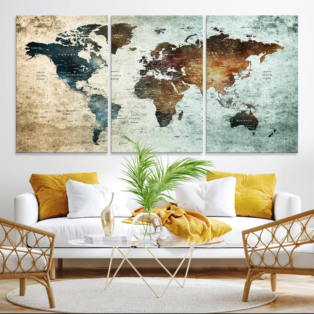 The Push Pin World Map Canvas Print serves as an ideal piece of wall art for travel lovers, showcasing vibrant colors and intricate details.