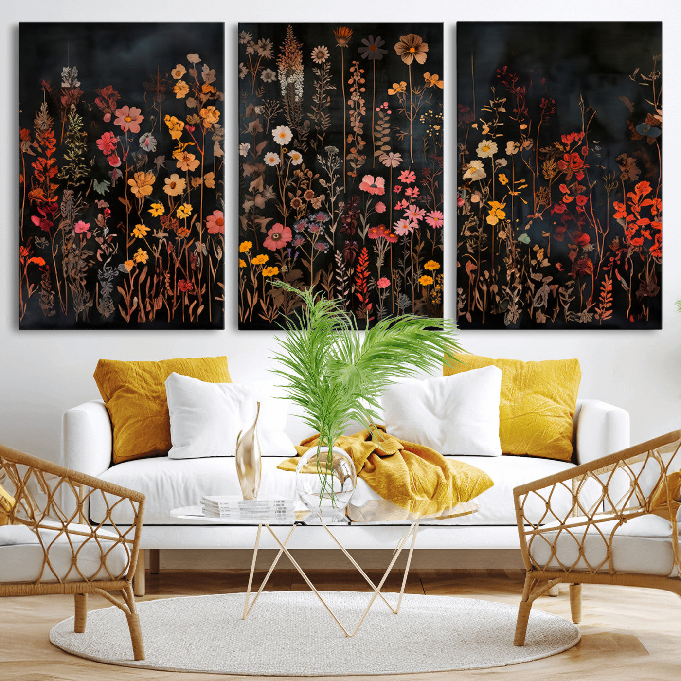 MGV-CV-60X30-3P - Large Floral Painting Print Illustration Flowers Canvas Wall Art Botanical Wall Decor Modern