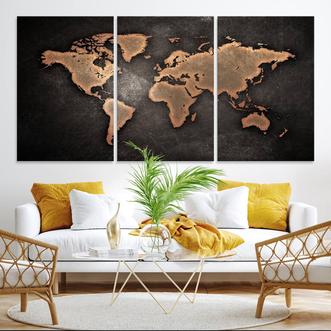 The Modern World Map on a metallic black canvas creates a striking effect.