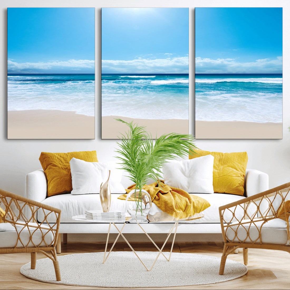 Wall Art Canvas Print Shiny Blue Sea and Beach