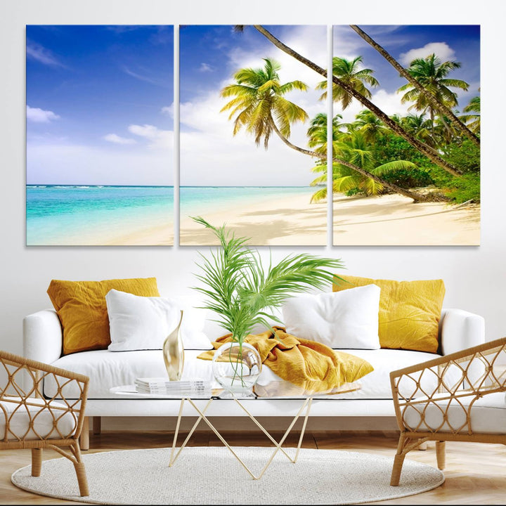 Tropical Beach Canvas: Palm Trees & White Sand Shore Decor, Vibrant Coastal Print, Ready to Hang.