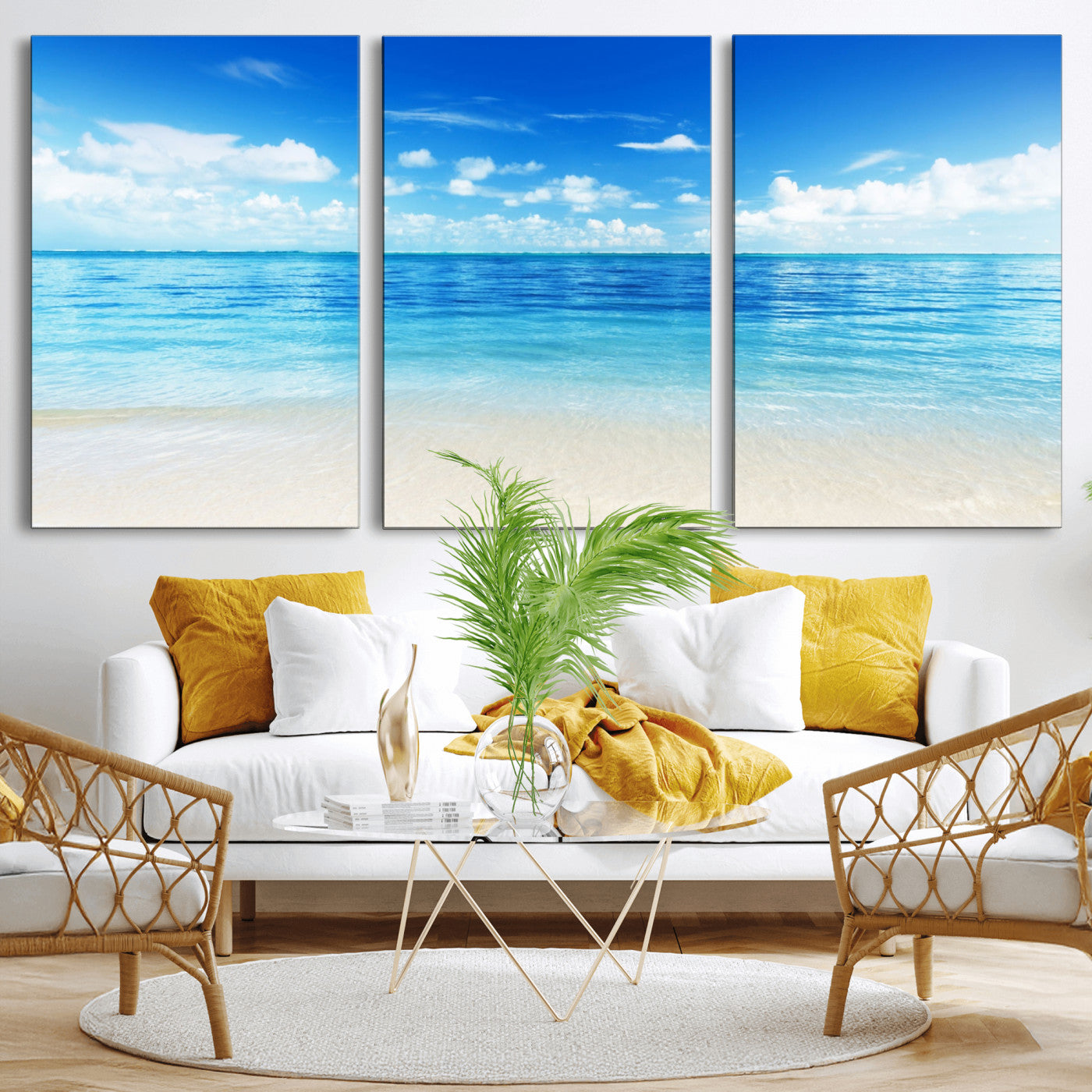 MGV-CV-60X30-3P - Beach Scene Canvas Wall Art Print – Tranquil Ocean Horizon and White Sand Beach Wall Decor for Home