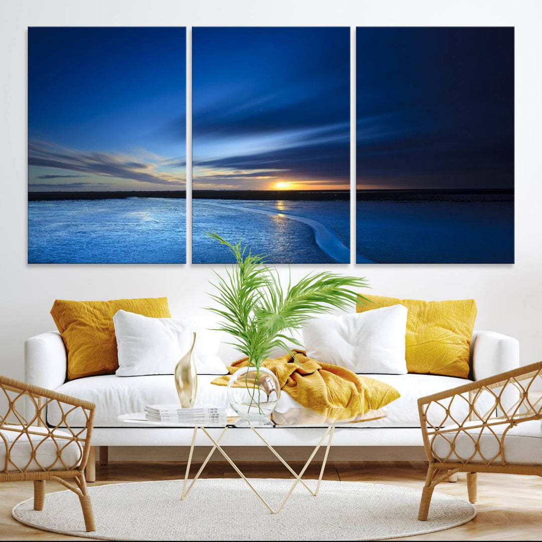 A blue sunset ocean canvas wall art print.