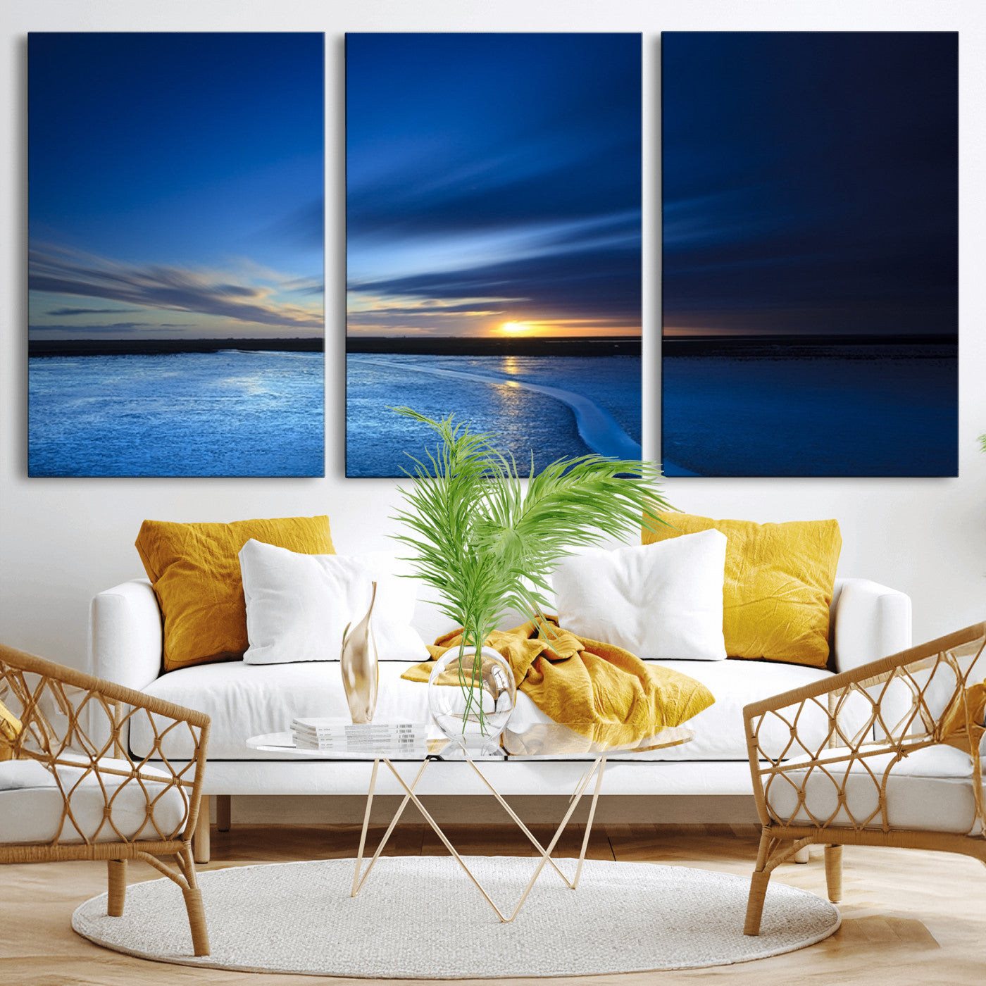 MGV-CV-60X30-3P - Blue Sunset Ocean Canvas Wall Art Print – Serene Coastal Horizon Wall Decor for Home or Office –