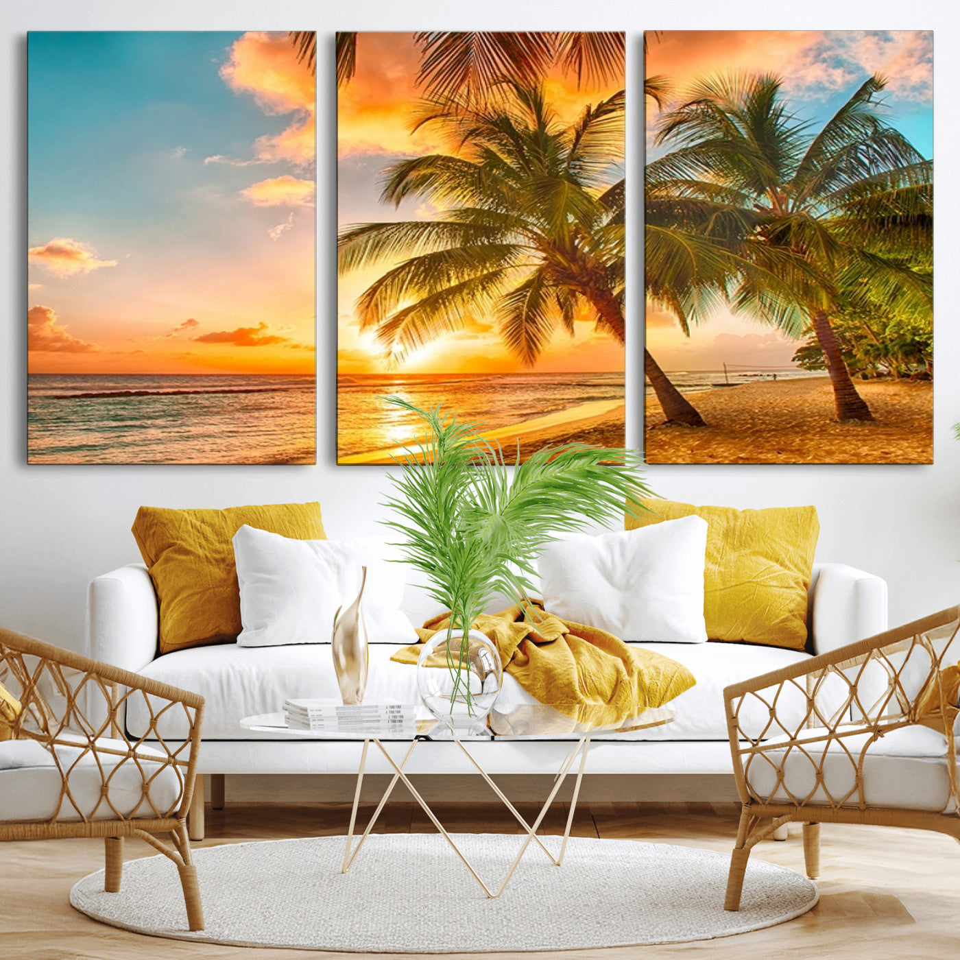 MGV-CV-60X30-3P - Tropical Sunset Beach Canvas Wall Art Print – Vibrant Palm Trees and Coastal Sunset Wall Decor for