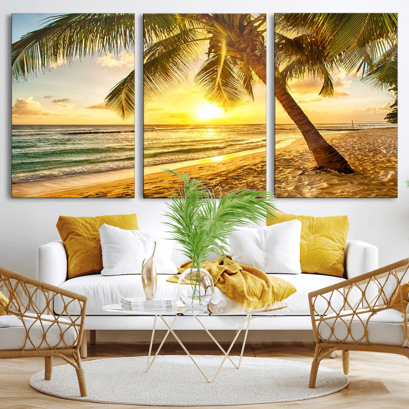 MGV-CV-60X30-3P - Beach Sunset Canvas Wall Art Print - Tropical Beach Canvas Wall Art Print – Vibrant Palm Trees and