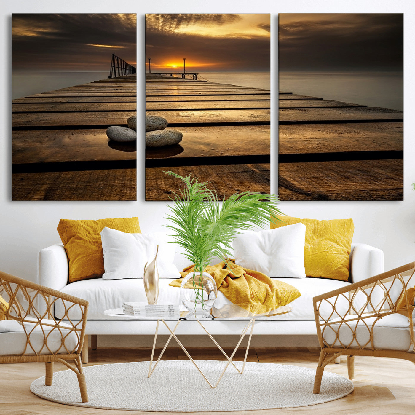 MGV-CV-60X30-3P - Stones on Wooden Pier at Sunset Canvas Print, Serene Coastal Wall Art, Beach Sunset Photography,