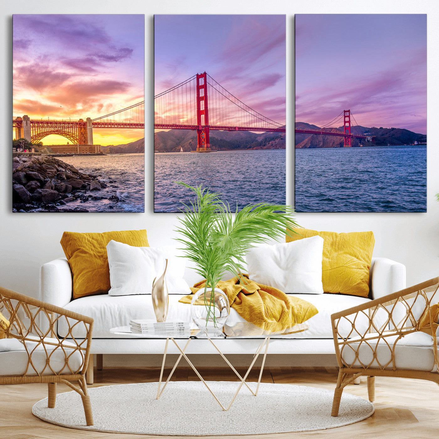MGV-CV-60X30-3P - Golden Gate Bridge Wall Art Print, San Francisco Sunset Canvas Wall Art, Cityscape Canvas Print for