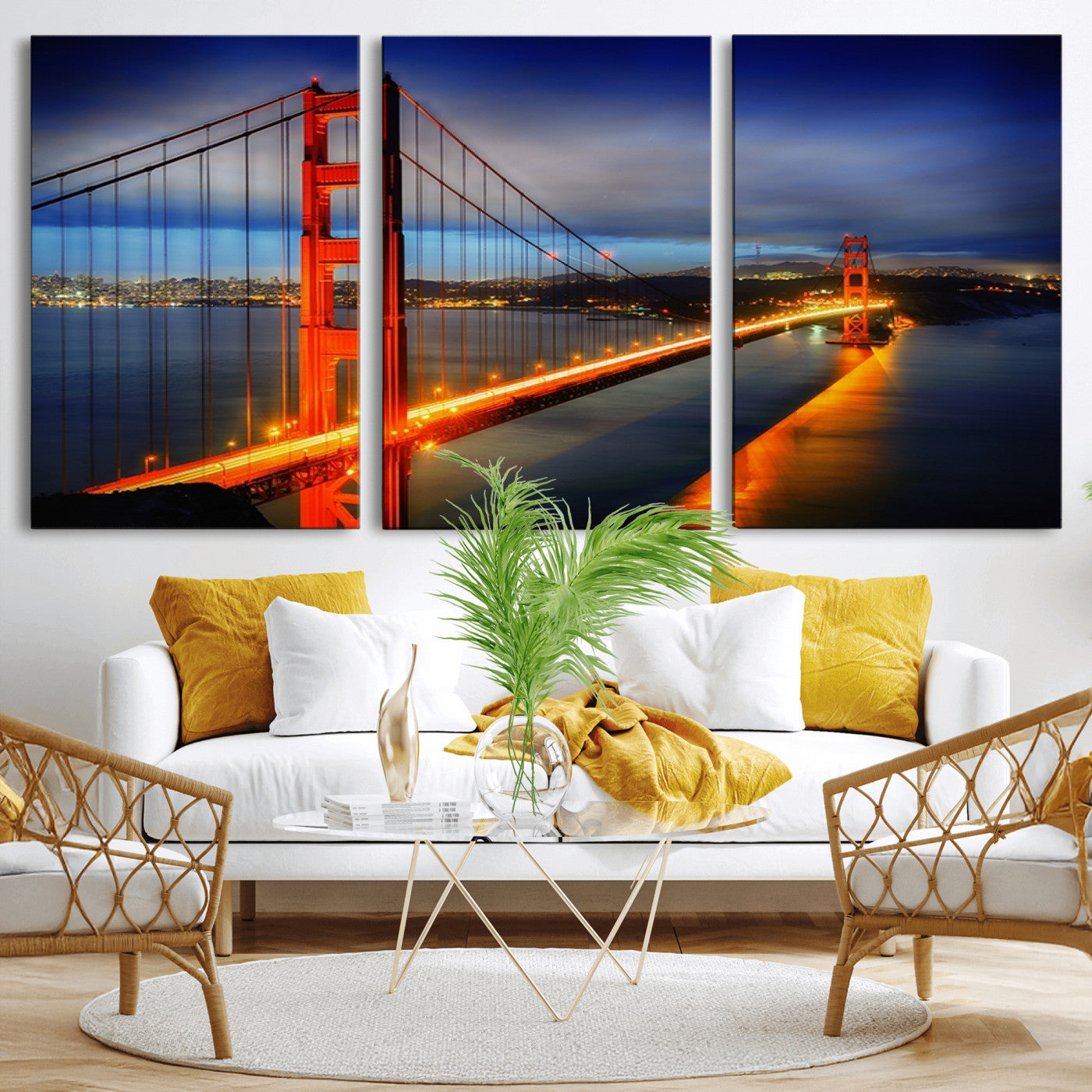 MGV-CV-60X30-3P - Large Wall Art San Francisco Canvas Print - Wonderful Golden Gate Bridge at Twilight