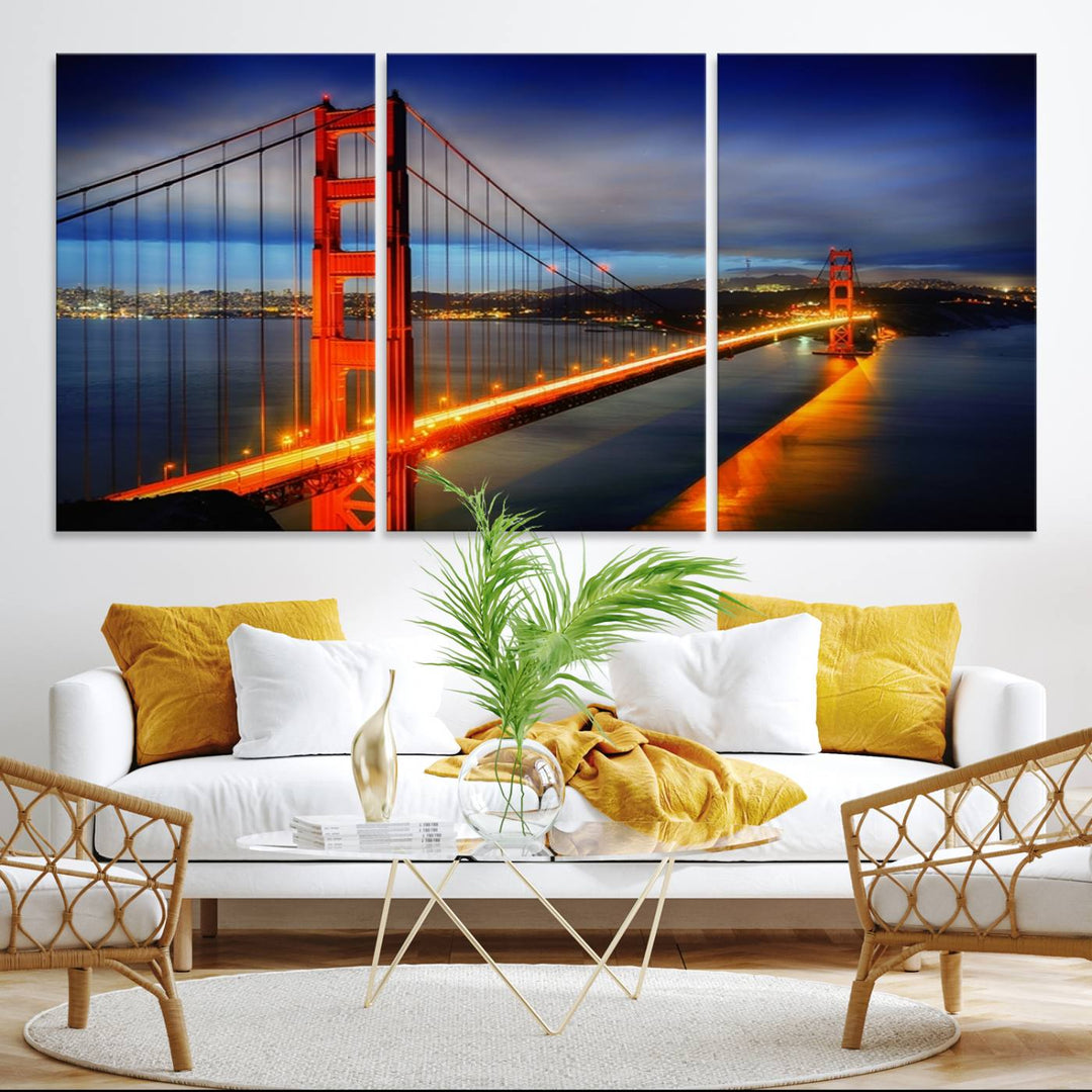 A large wall art San Francisco canvas print of the Golden Gate Bridge at twilight is displayed on a porch.