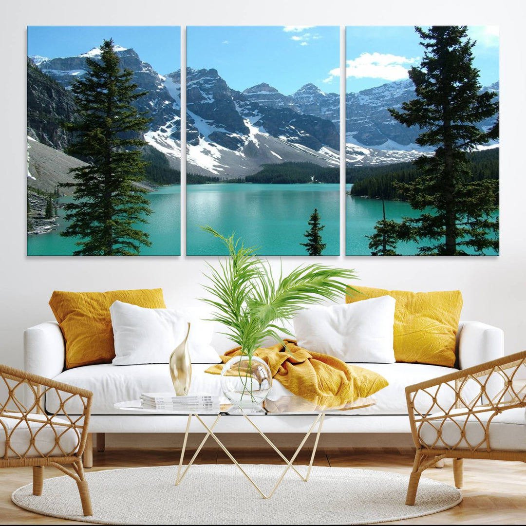 Canadian Rockies Moraine Lake Landscape Canvas Print showcasing a turquoise lake and mountain view.