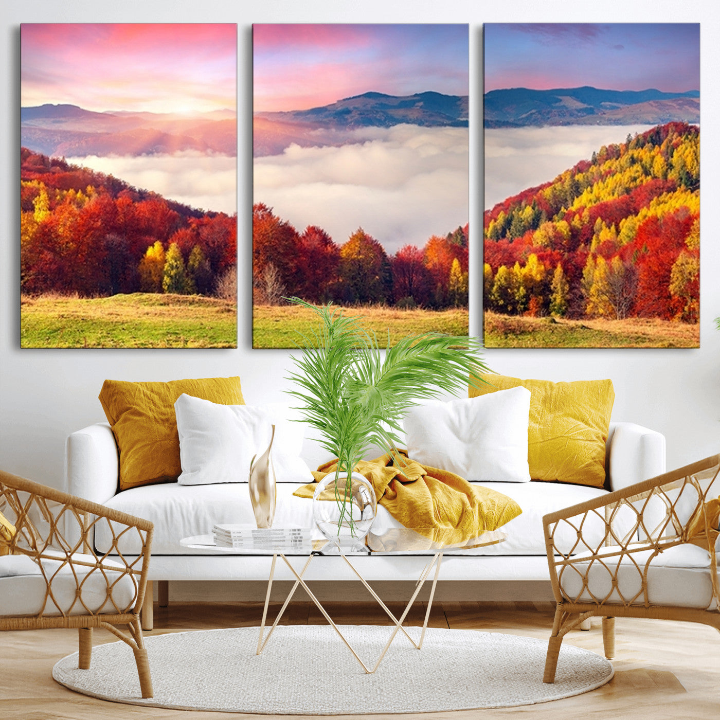 MGV-CV-60X30-3P - Autumn Mountain Foggy Landscape Wall Art Canvas Print | Beautiful Forest Canvas Print | Misty