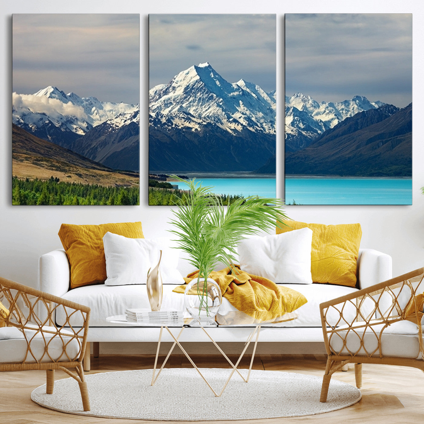 MGV-CV-60X30-3P - Mount Cook and Lake Pukaki Canvas Wall Art Print – Majestic Snow-Capped Peaks and Serene Lake Wall