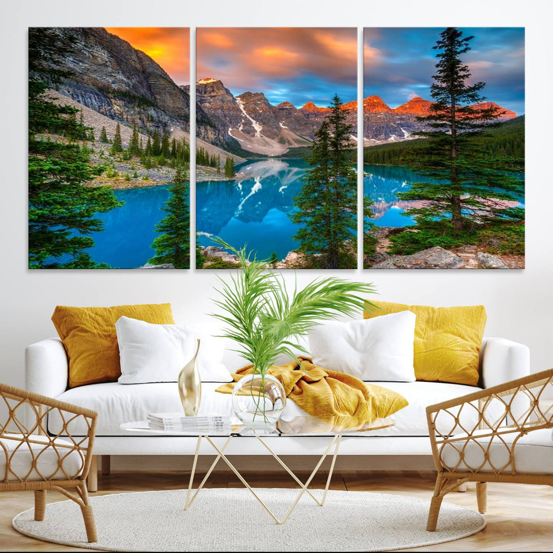 A kitchen featuring a Canadian Rockies Moraine Lake Wall Art Canvas Print displayed on the wall.