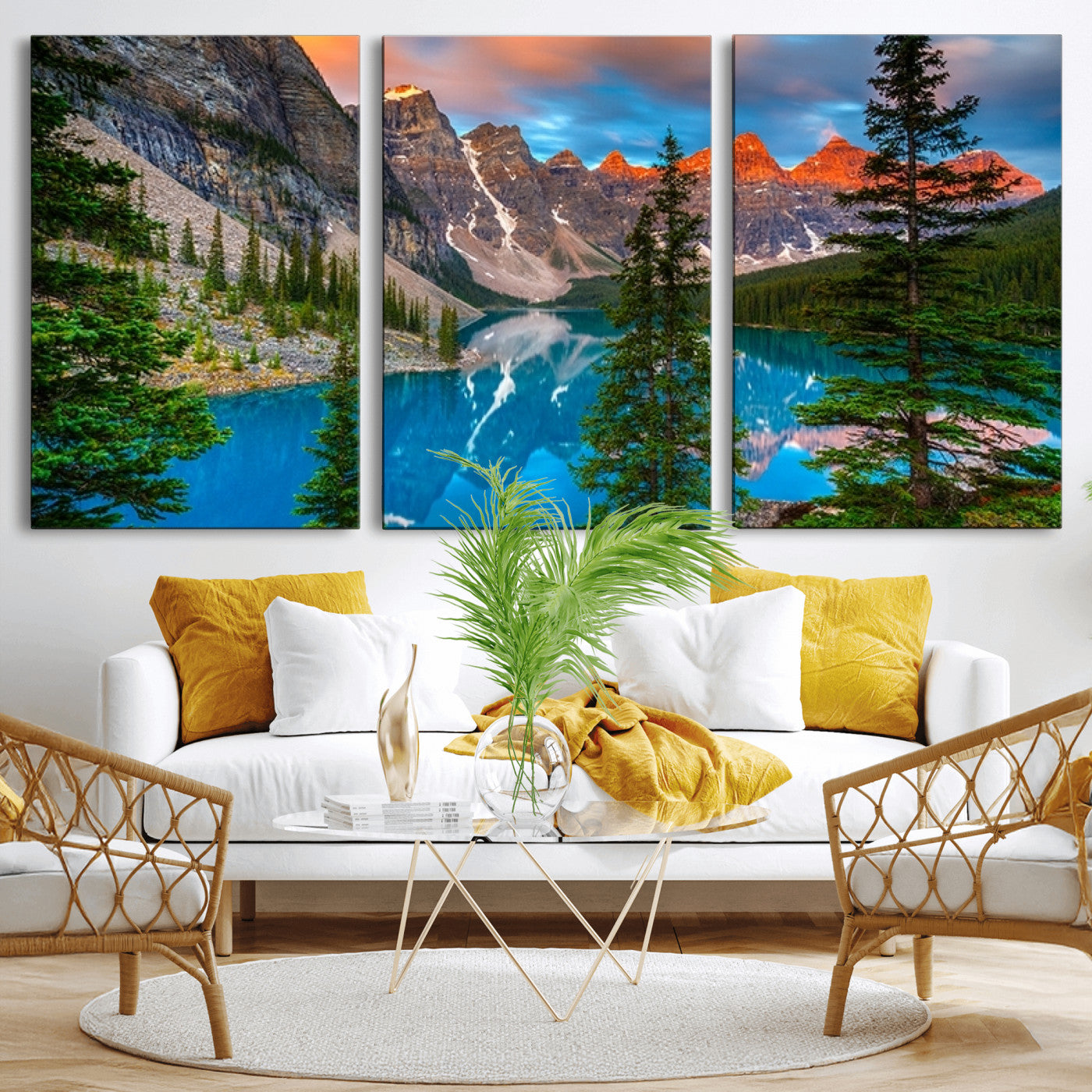 MGV-CV-60X30-3P - Canadian Rockies Moraine Lake Wall Art Canvas Print, Pine Trees Mountain Spring Canvas Print