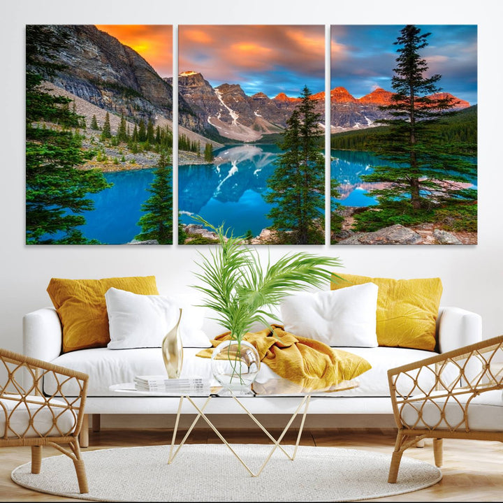 A kitchen featuring a Canadian Rockies Moraine Lake Wall Art Canvas Print displayed on the wall.