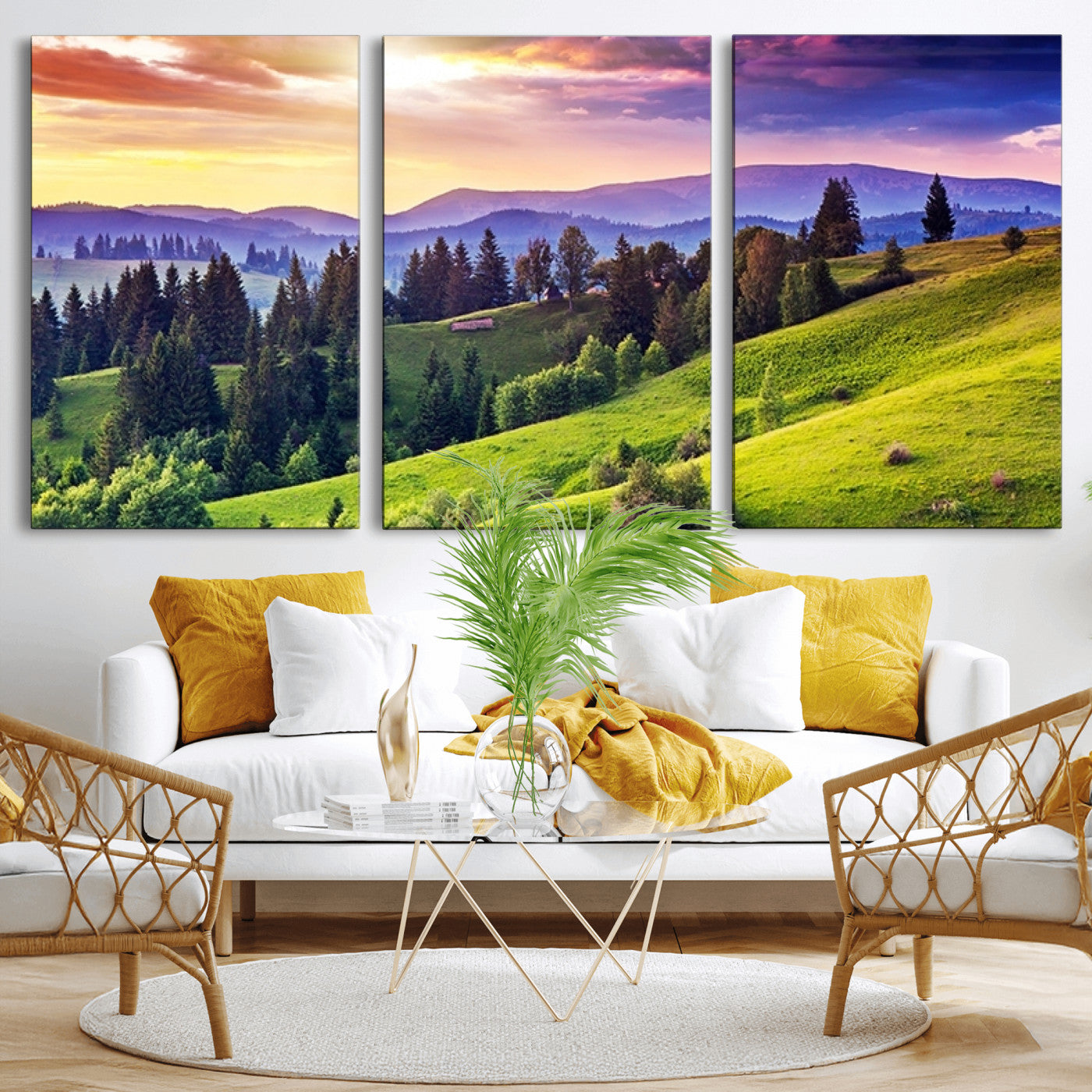 MGV-CV-60X30-3P - Green Hills and Sunset Wall Art Print - Scenic Landscape with Lush Greenery and Vibrant Sky, Ready