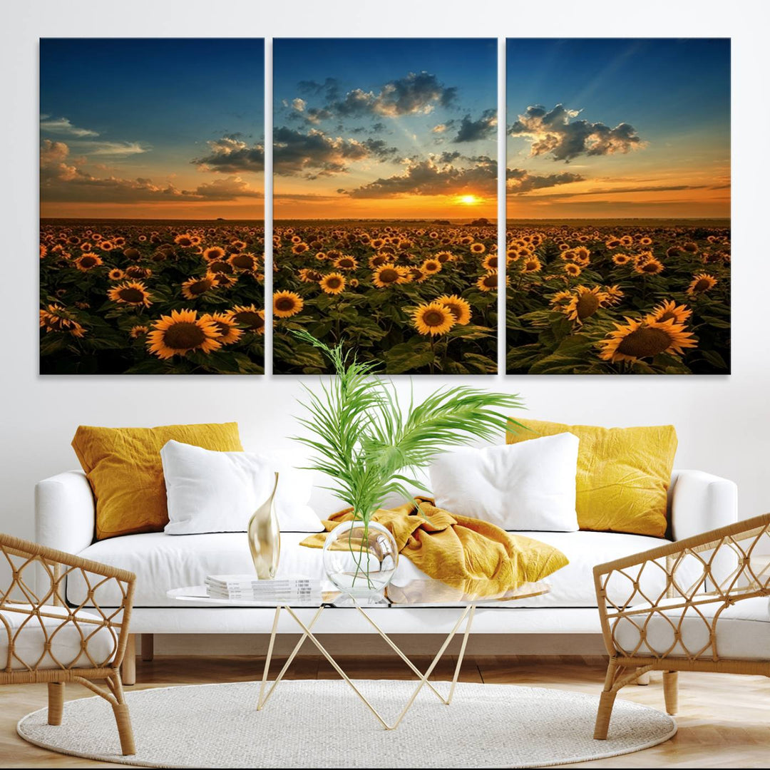 The dining area features the Sunflower Field Sunset Wall Art Canvas Print.