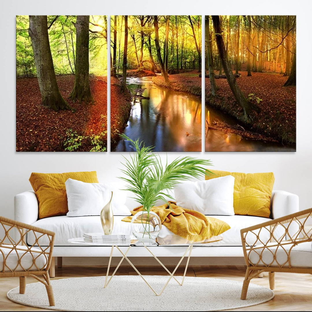 The Wall Art Landscape Canvas Print Small River Inside Colorful Forest enhances the decor.