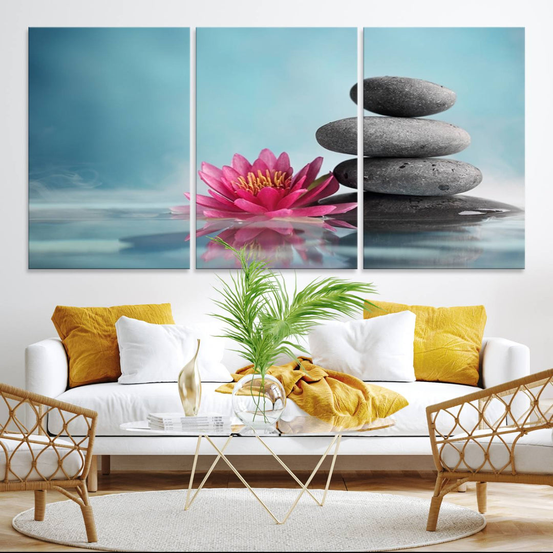 The dining room features a Zen Serenity Triptych wall art, showcasing a calming depiction of lotus flowers and balancing stones.