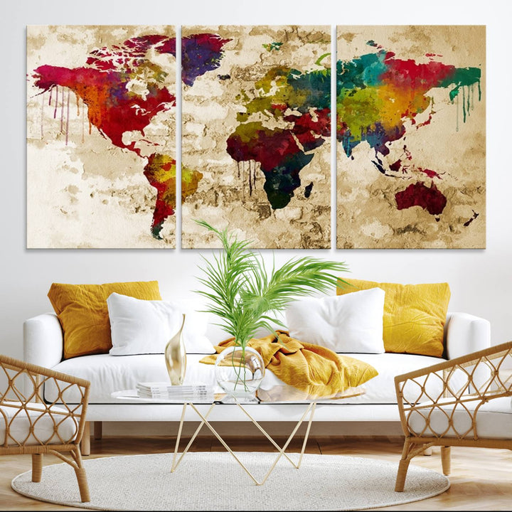 Wall Art World Map Canvas Print Rainbow Colored Vintage Style World Map