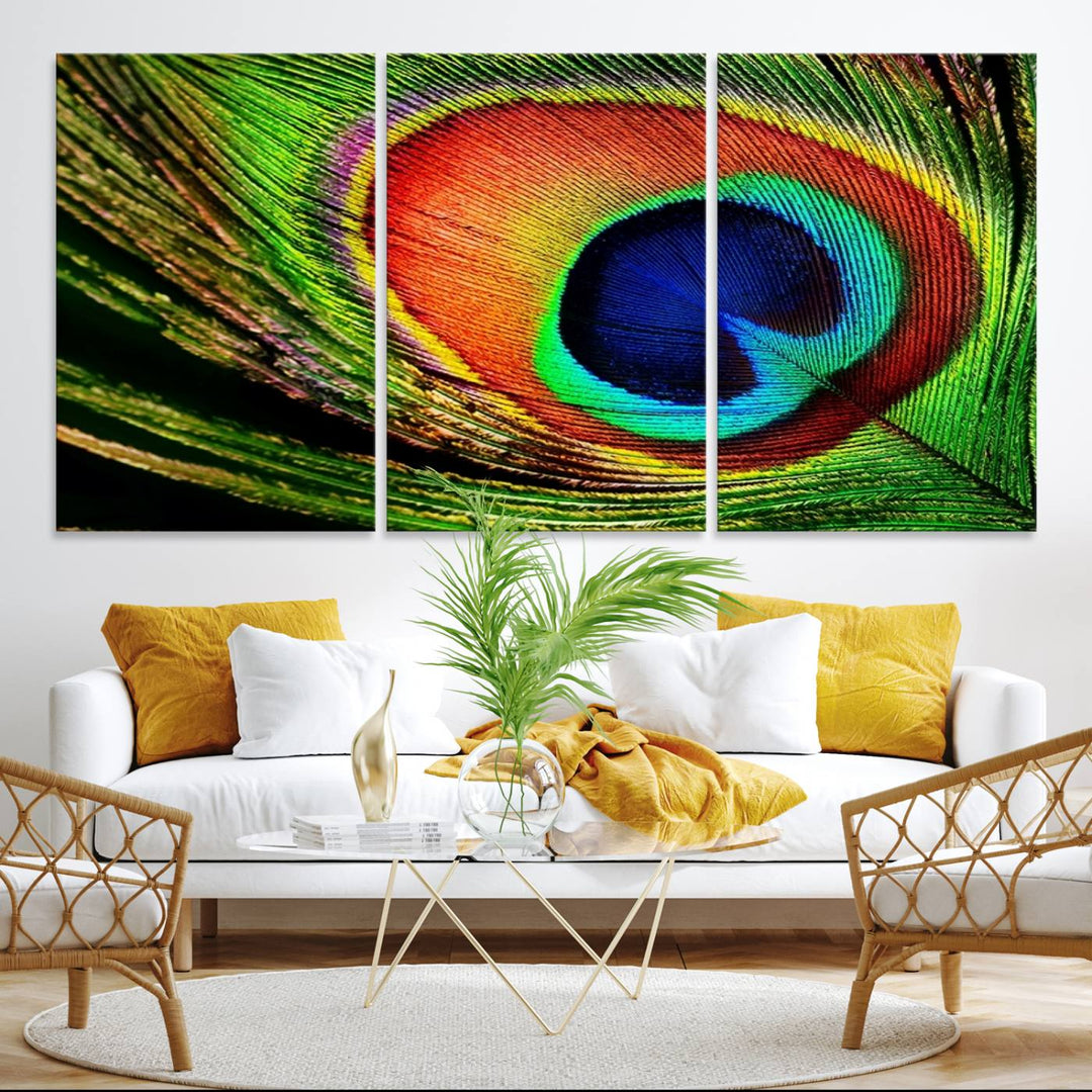 The Colorful Peacock Feather Wall Art Print graces the wall.