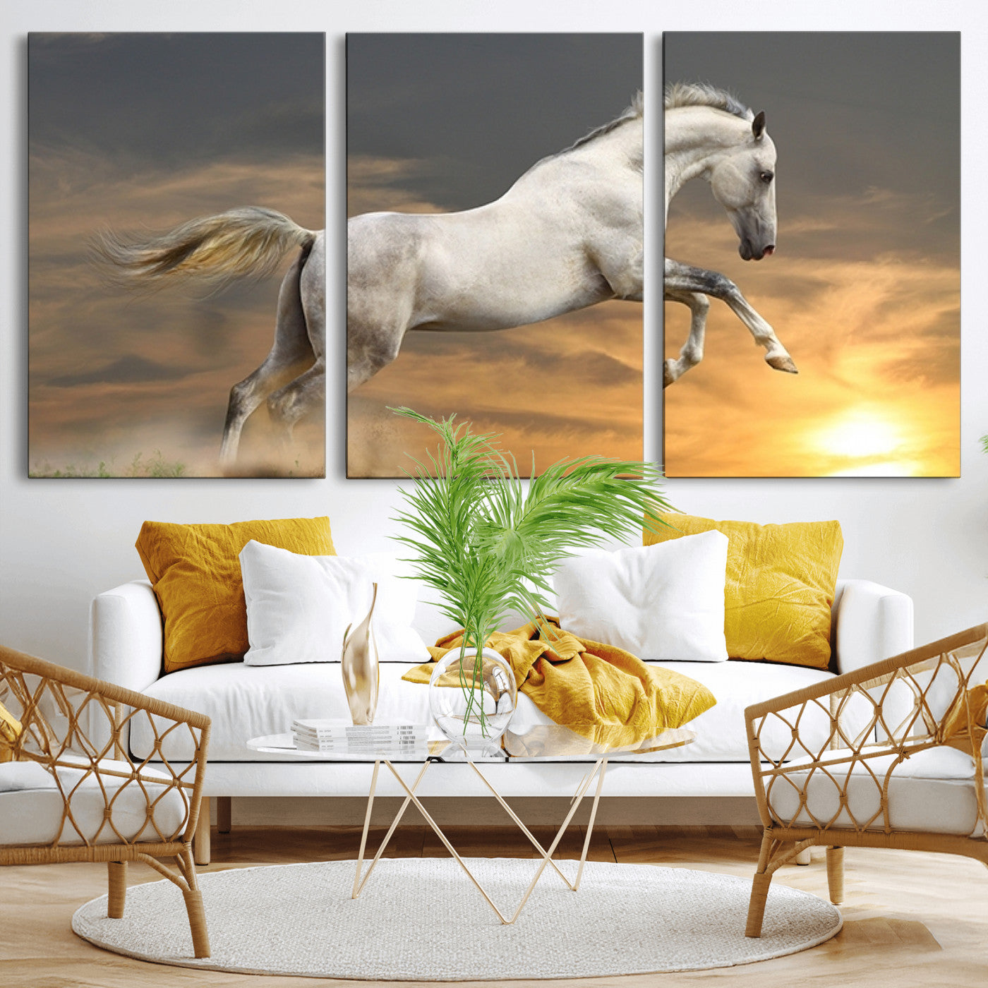 MGV-CV-60X30-3P - Large Wall Art Animal Canvas Print - White Jumping Horse at Sunset