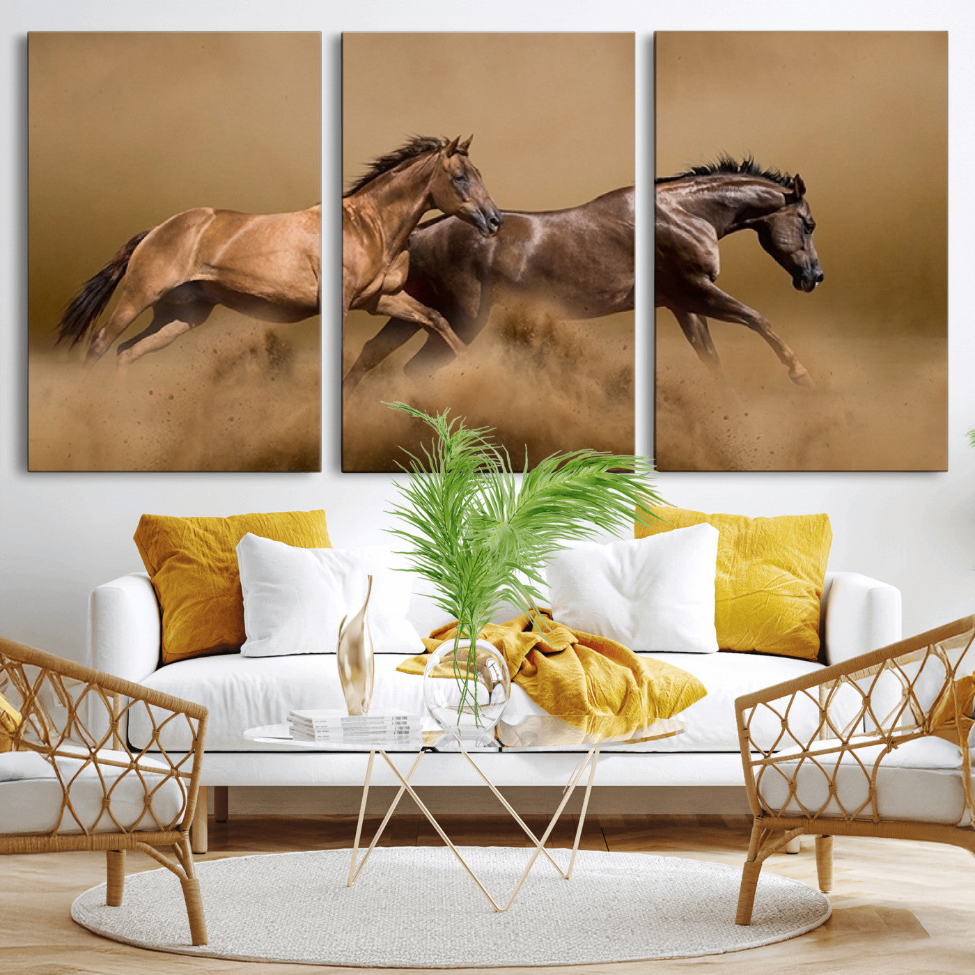 MGV-CV-60X30-3P - Large Wall Art Animal Canvas Print - Two Running Brown Horses