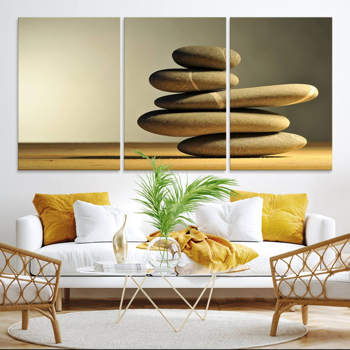 The Yellow Zen Stones on Yellow Background Wall Art is a striking feature in this minimalist kitchen.