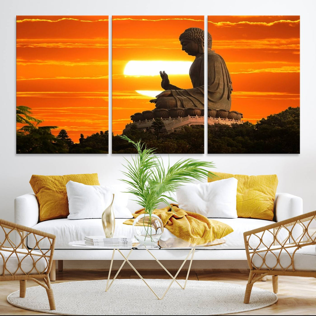 The Buddha Statue at Sunset canvas print adds serenity to the space.