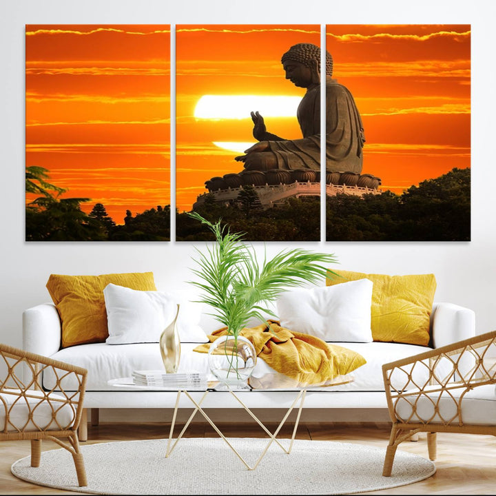 The Buddha Statue at Sunset canvas print adds serenity to the space.