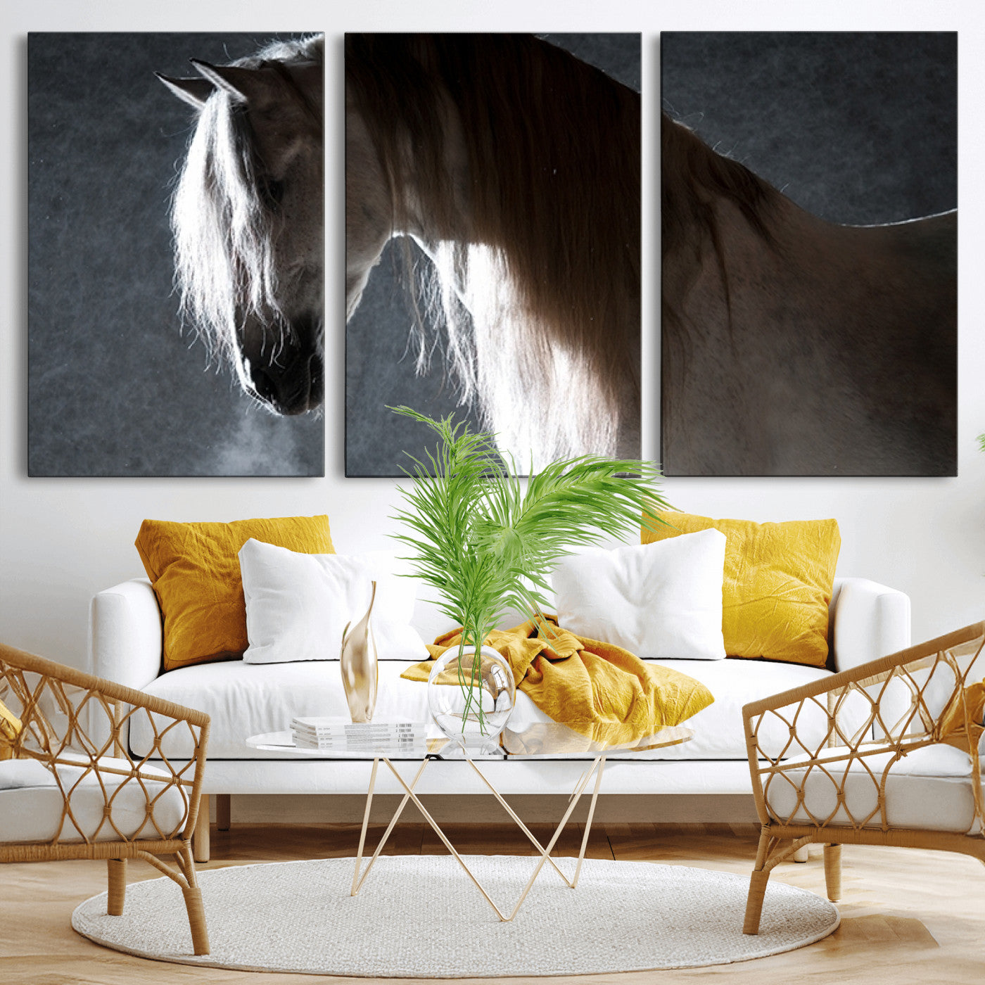 MGV-CV-60X30-3P - Large Wall Art Cream Colored Horse on Grey Background Canvas Print