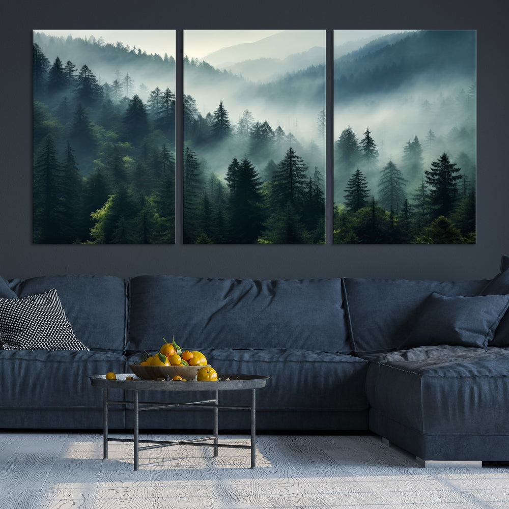 The Captivating Misty Forest Wall Art Premium Canvas Print offers a foggy and serene ambiance, enhancing the modern living room's atmosphere.