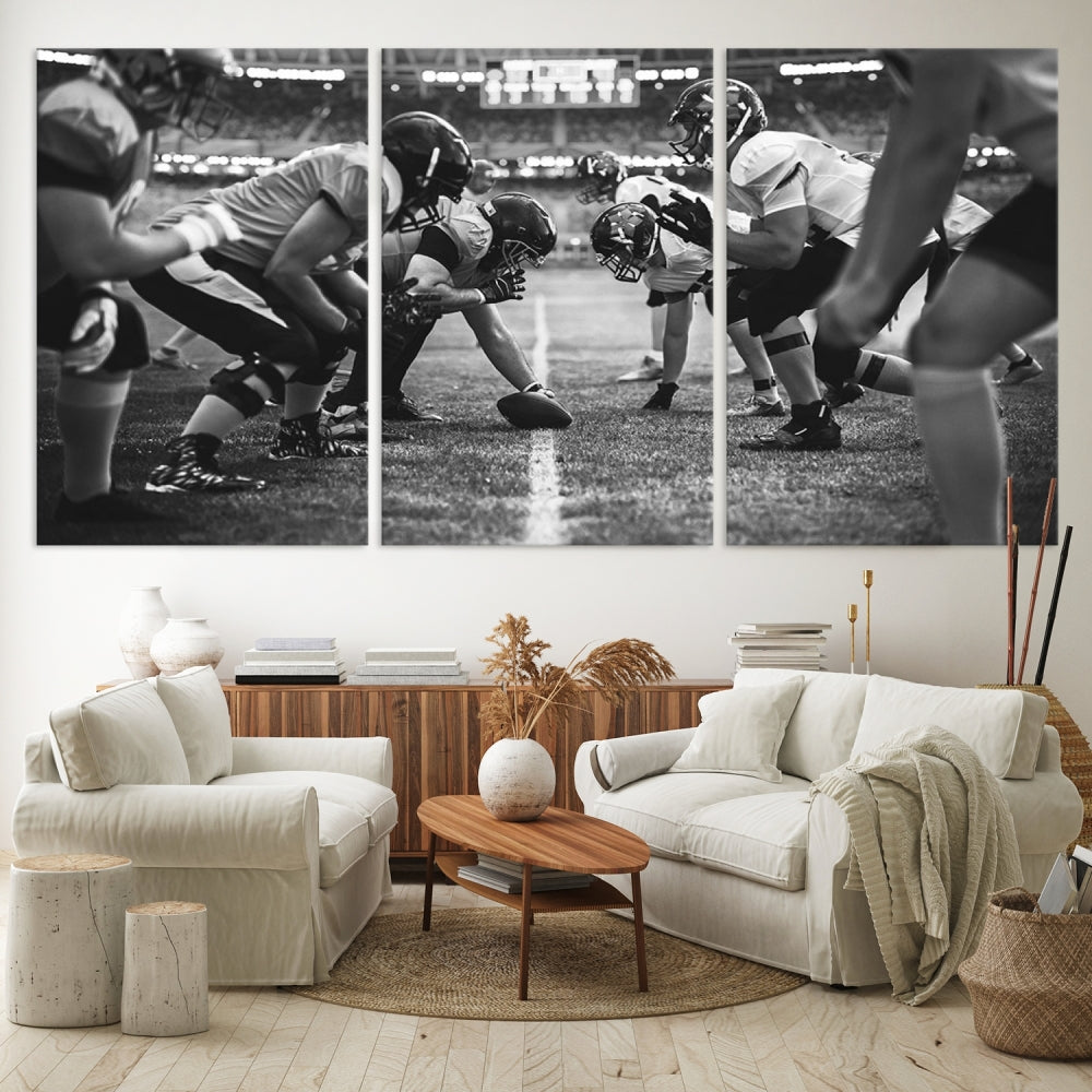 The "American Football Match Wall Art Canvas Print," featuring a black and white photo of a football game, is displayed as a triptych. This artwork is printed on museum-quality canvases and protected with a UV-coating.