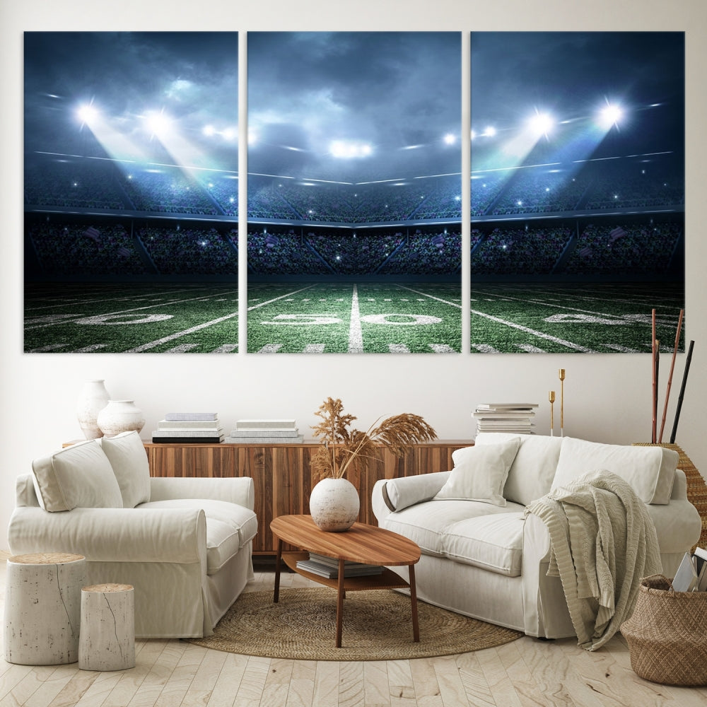 The *American Football Stadium Wall Art Canvas Print*, showcasing a lit football stadium, hangs prominently.