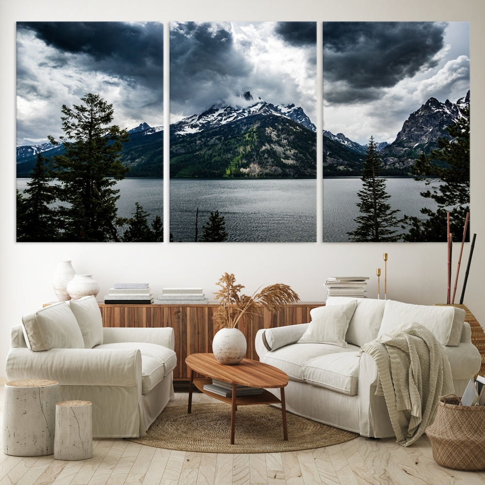 Grand Teton National Park Canvas Wall Art – Majestic Mountain Landscape Under Dramatic Clouds - Ready to Hang