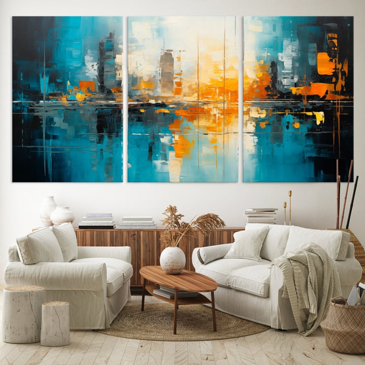 The Large Modern Abstract Wall Art Canvas Print, gallery wrapped on museum-quality canvas, enhances the modern living room setting.