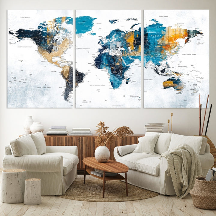 The World Map Turquoise Orange Wall Art Canvas Print, a triptych crafted on museum-quality canvases, adds aesthetic appeal and durability to the space.