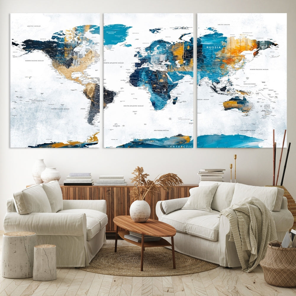 The "Turquoise Orange World Map Canvas Wall Art" showcases striking blue and orange tones. This museum-quality canvas features a UV-protective coating for enhanced durability and vibrant color retention.