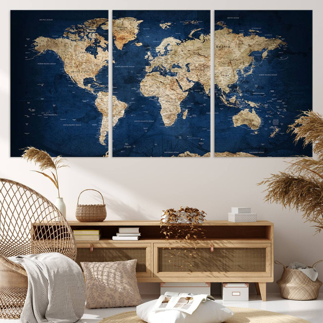 Classic Vintage Blue World Map Canvas Print featuring beige continents against a deep blue background.