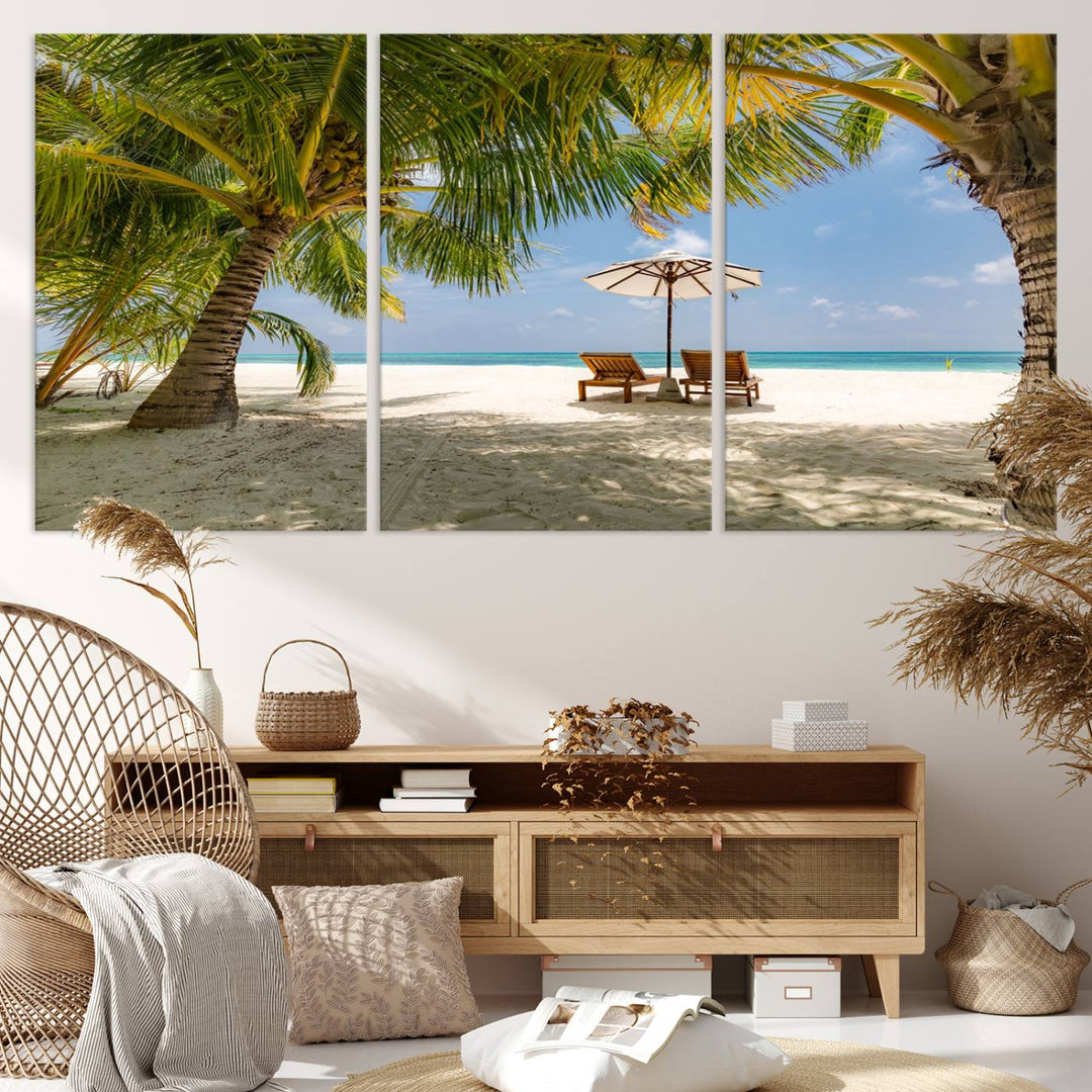 The canvas art print titled Lounge Chairs Palm Trees on Tropical Beach offers free shipping.