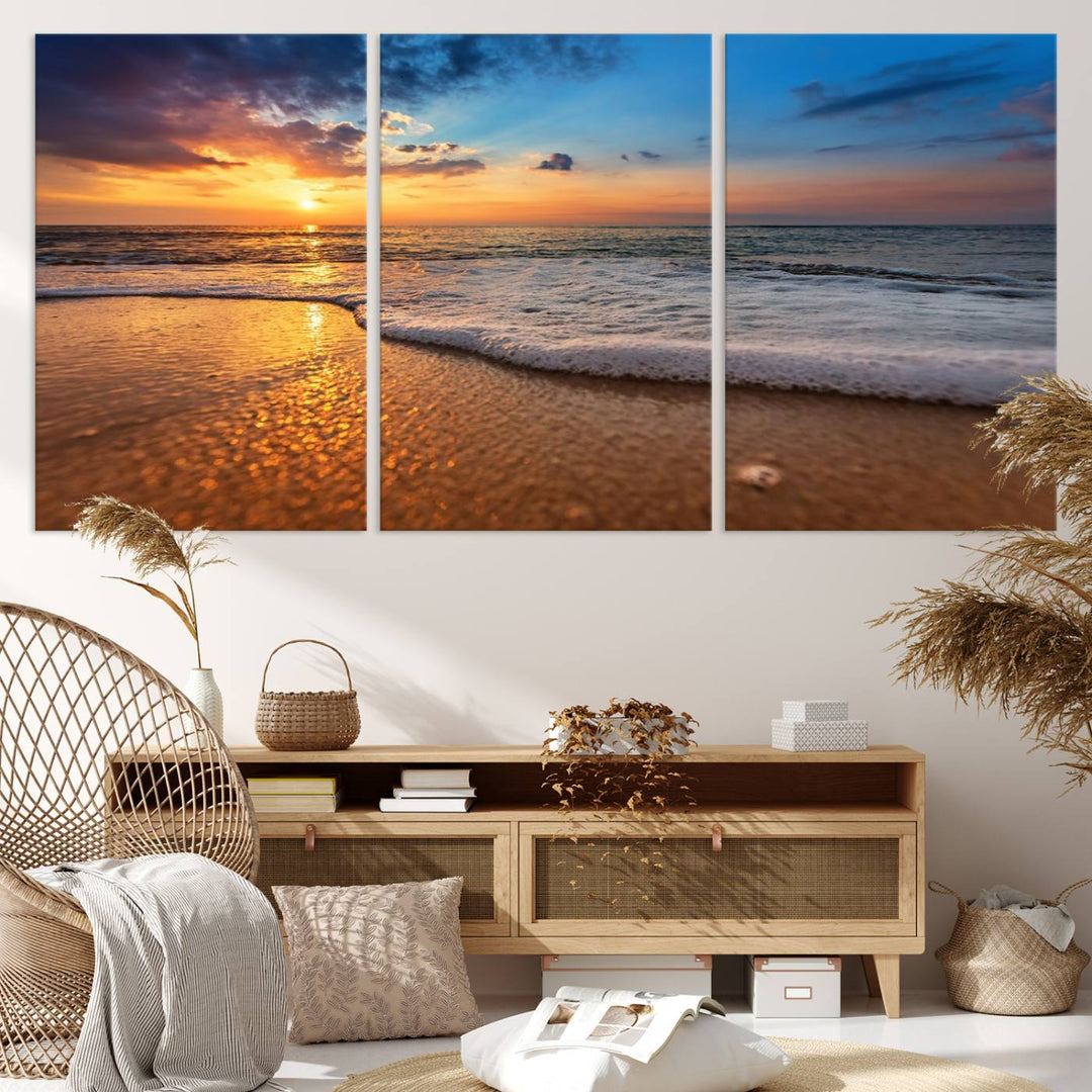 The Golden Sunset Beach Waves Triptych adds a modern coastal touch with its stunning seascape.