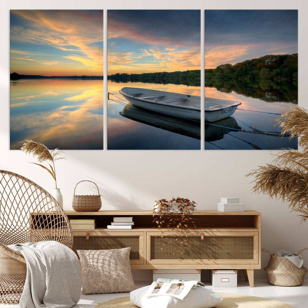 Serene Rowboat on Calm Lake Triptych Canvas Art, Giclee Wall Art of Peaceful Sunset Reflections, Tranquil Landscape Wall Art for Home or Office