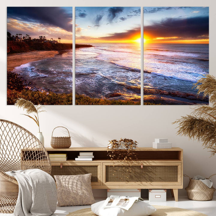 California Coastline Sunset Canvas Art, Ocean Waves Crashing on Cliffs, Giclee Canvas Print for Beach House Decor