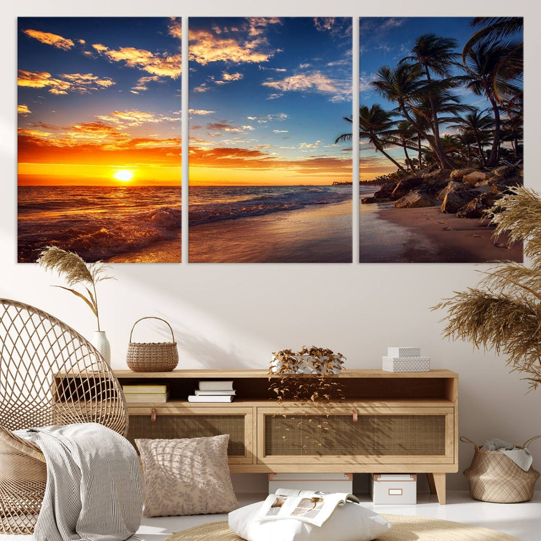 Tropical Beach Sunset Canvas Art, Palm Trees and Ocean Waves Wall Art, Giclee Print for Coastal Home Decor