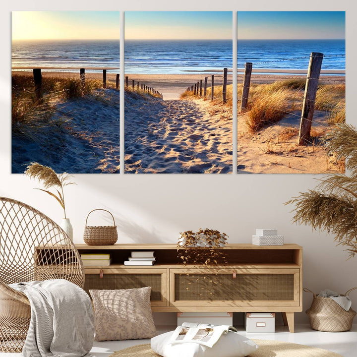 Tropical Beach Sunset Canvas Art, Ocean Waves and Sandy Shoreline Wall Art, Large Beach Decor for Coastal Homes