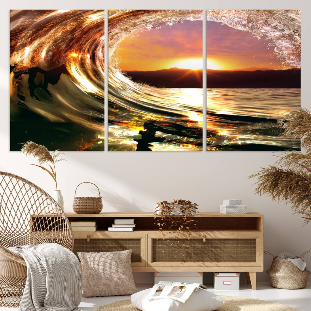 The Golden Wave Sunset Triptych Canvas Art showcases an ocean wave at sunset, casting warm light.