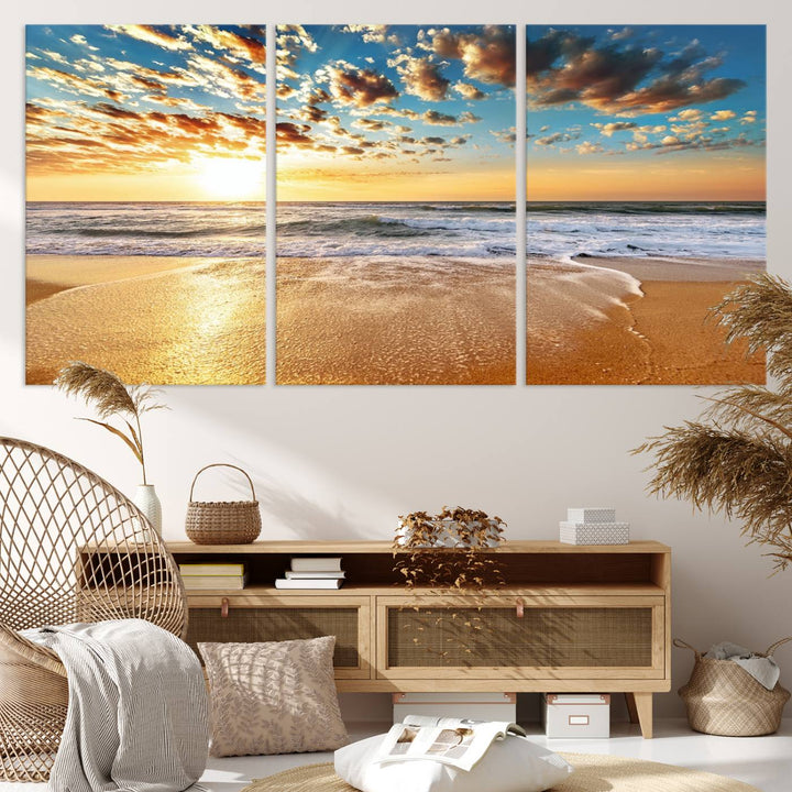 A Golden Sunset Beach giclee triptych canvas hangs prominently.